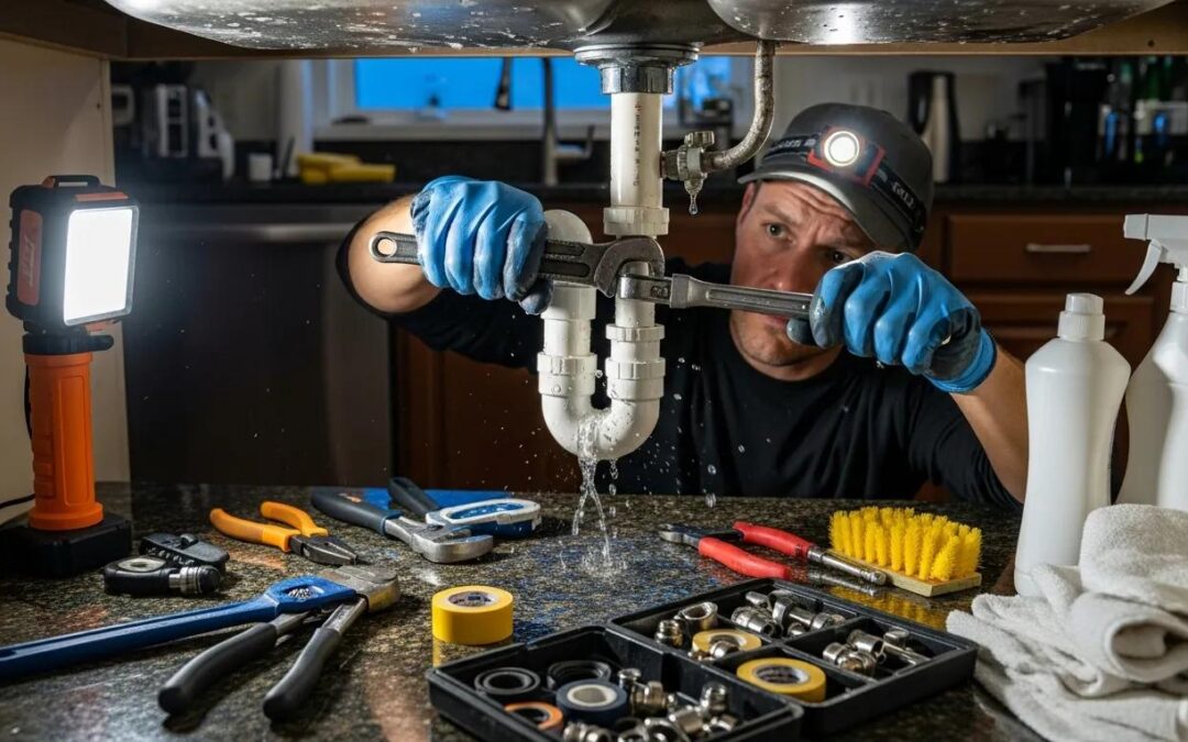 Plumber repairing a pipe in a residential setting, highlighting emergency plumbing services